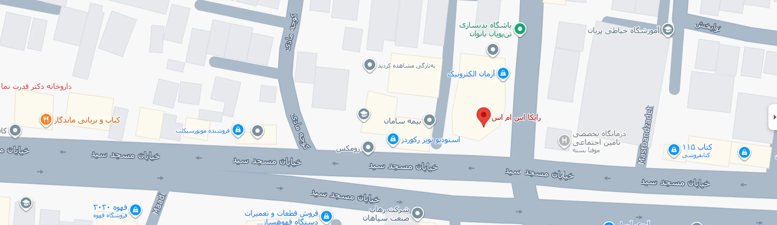 نقشه موقعیت دفتر کی‌ام پارت کو در خیابان مسجد سید اصفهان